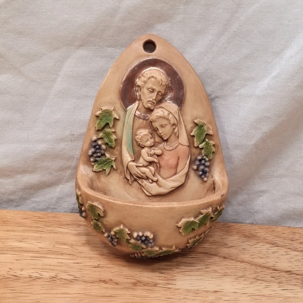 Unbranded Holy Family Holy Water Font 6" Beige Resin Grapevine Relief Religious